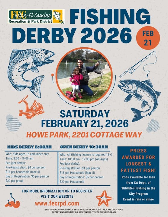 Fishing Derby 2026 at Howe Park, Feb 21 for kids and adults. Prizes for longest, fattest fish. www.fecrpd.com for details.