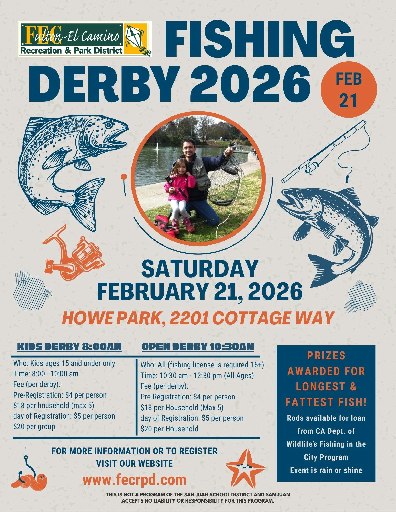 Fishing Derby 2026 at Howe Park, Feb 21 for kids and adults. Prizes for longest, fattest fish. www.fecrpd.com for details.