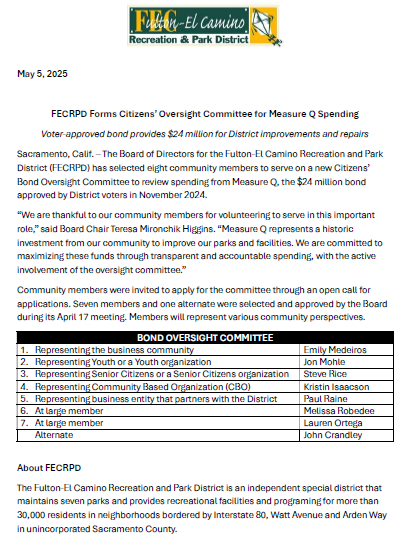 FECRPD forms a citizens' oversight committee for Measure Q spending, with seven members and one alternate for district improvements.