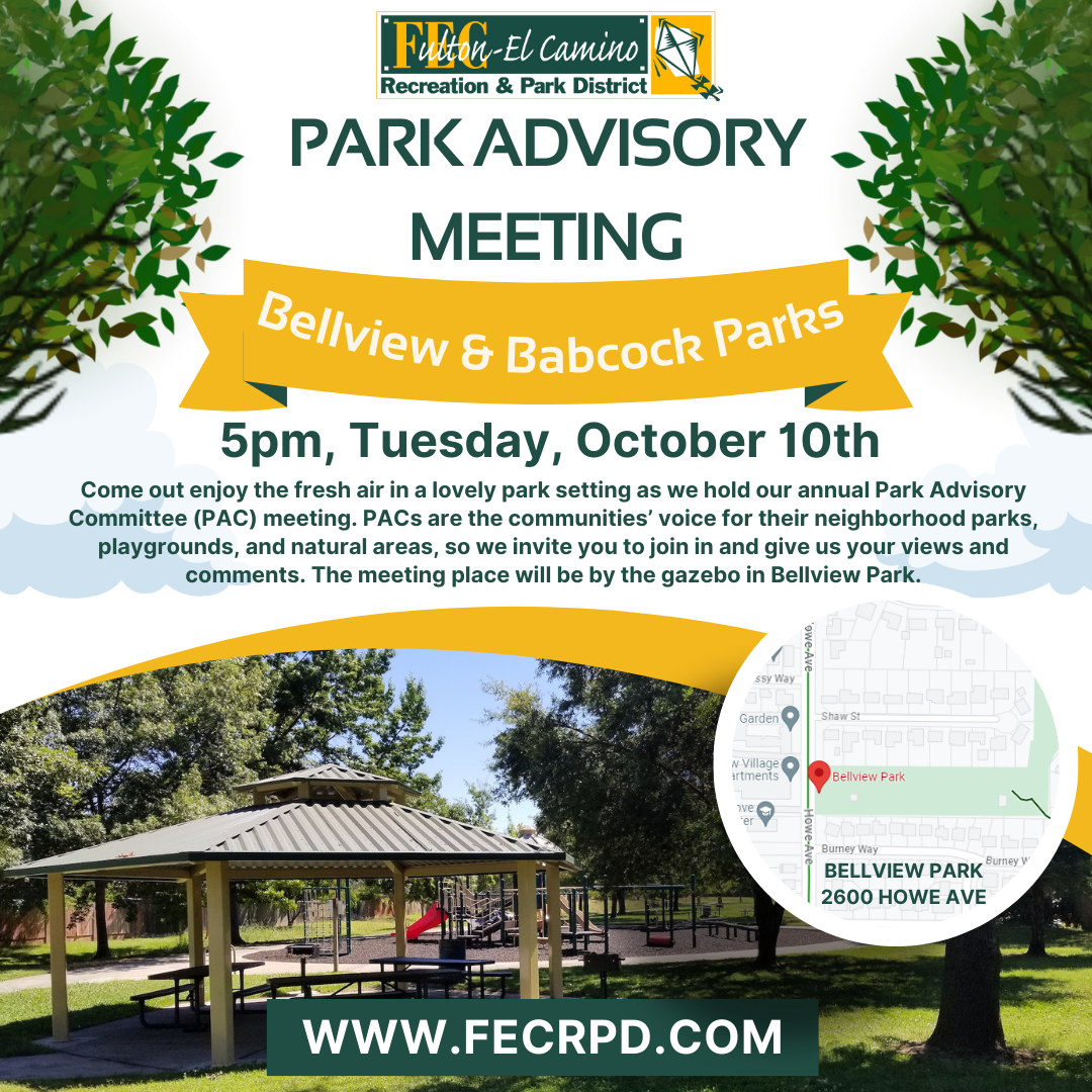 Park Advisory Meeting at Bellview & Babcock Parks, Oct 10, 5pm. Join for community input on parks and playgrounds.