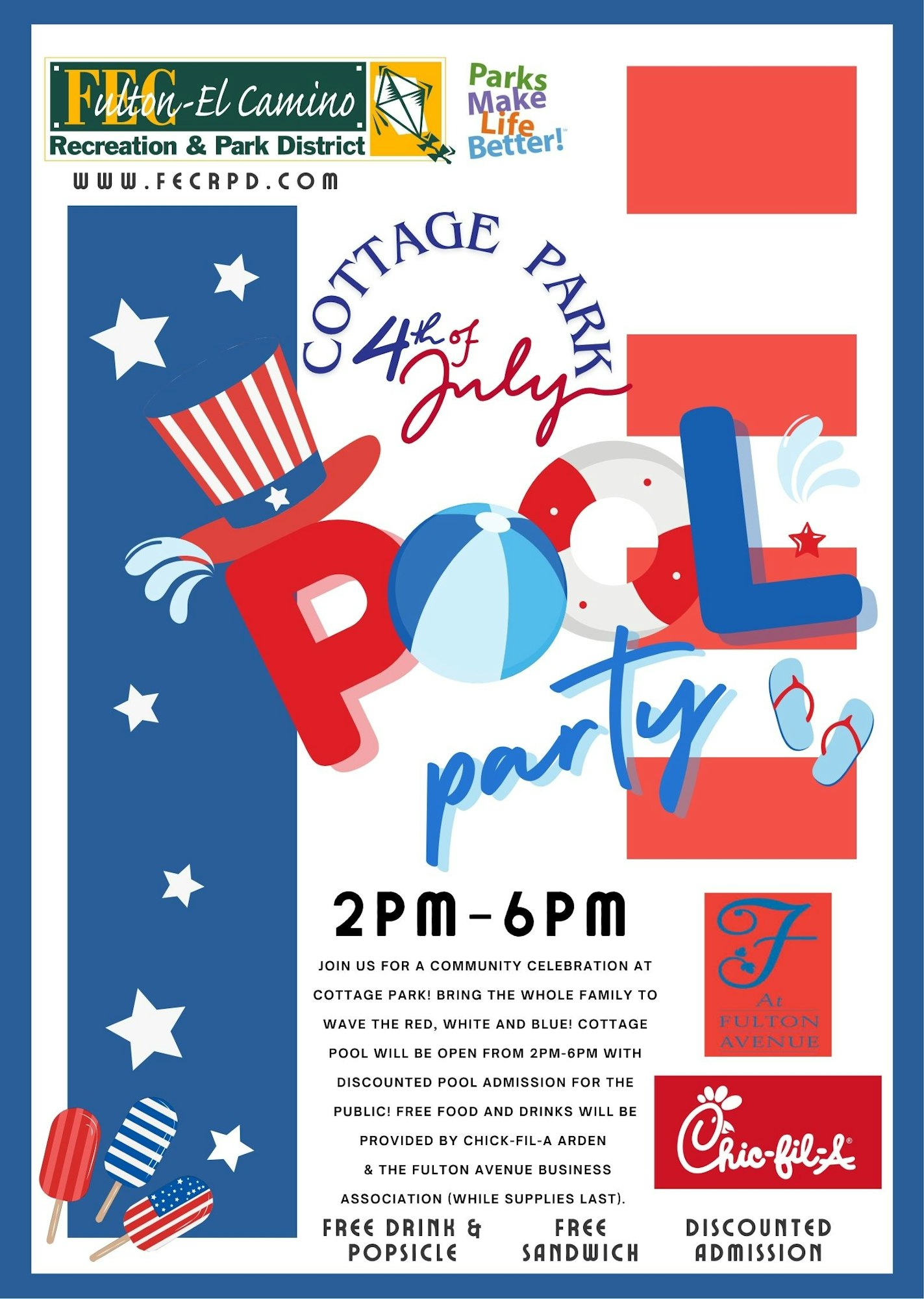 4th of July pool party at Cottage Park, 2PM-6PM. Free food & drinks provided. Discounted admission.