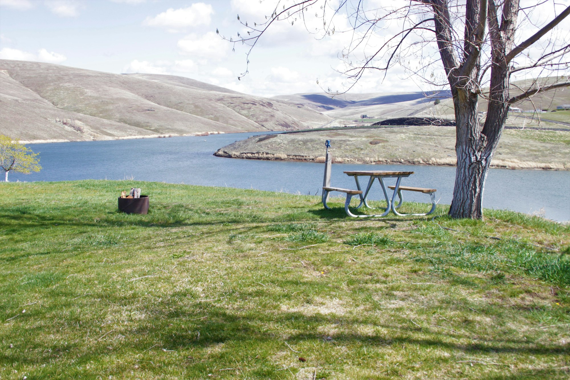 May contain: furniture, bench, outdoors, nature, plant, water, and grass