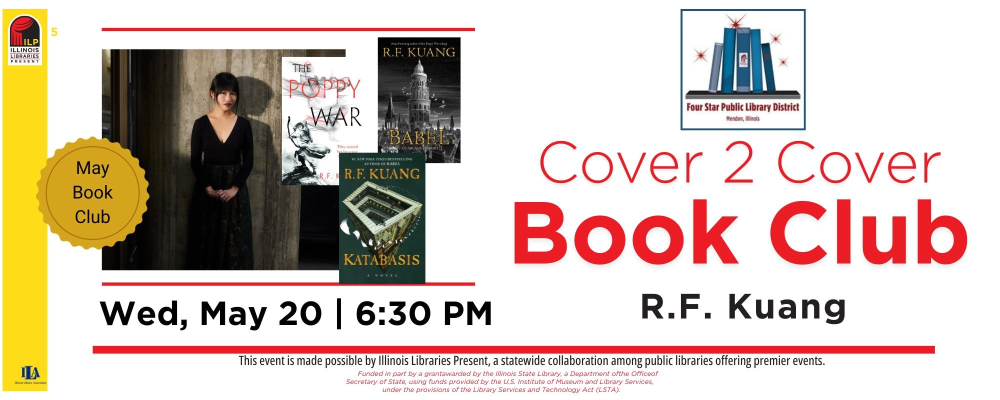 Promotion for a May book club featuring R.F. Kuang, discussing her works like "The Poppy War" and "Babel." Event on May 20 at 6:30 PM.