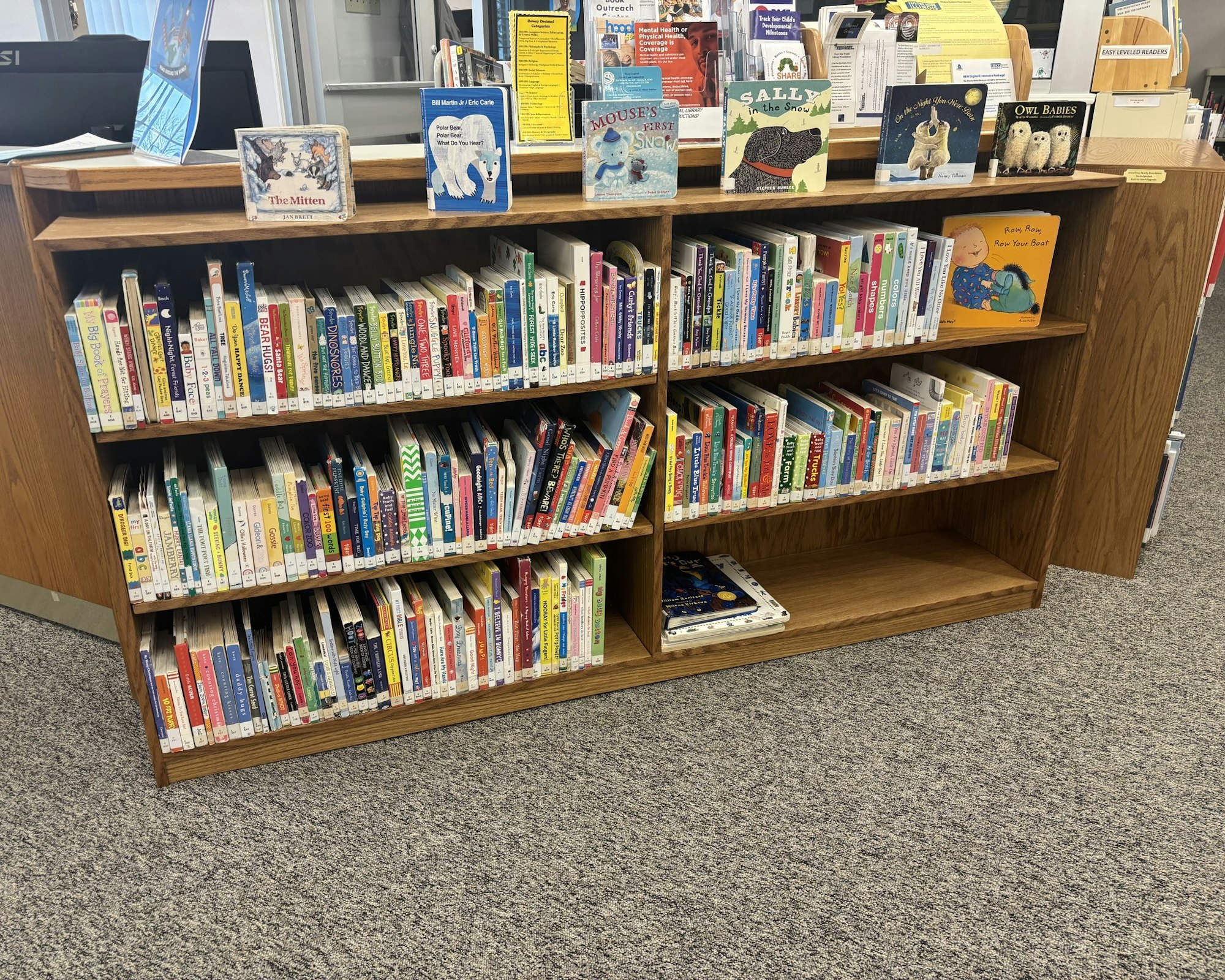 A library bookshelf with children's books displayed on top and neatly organized on the shelves.