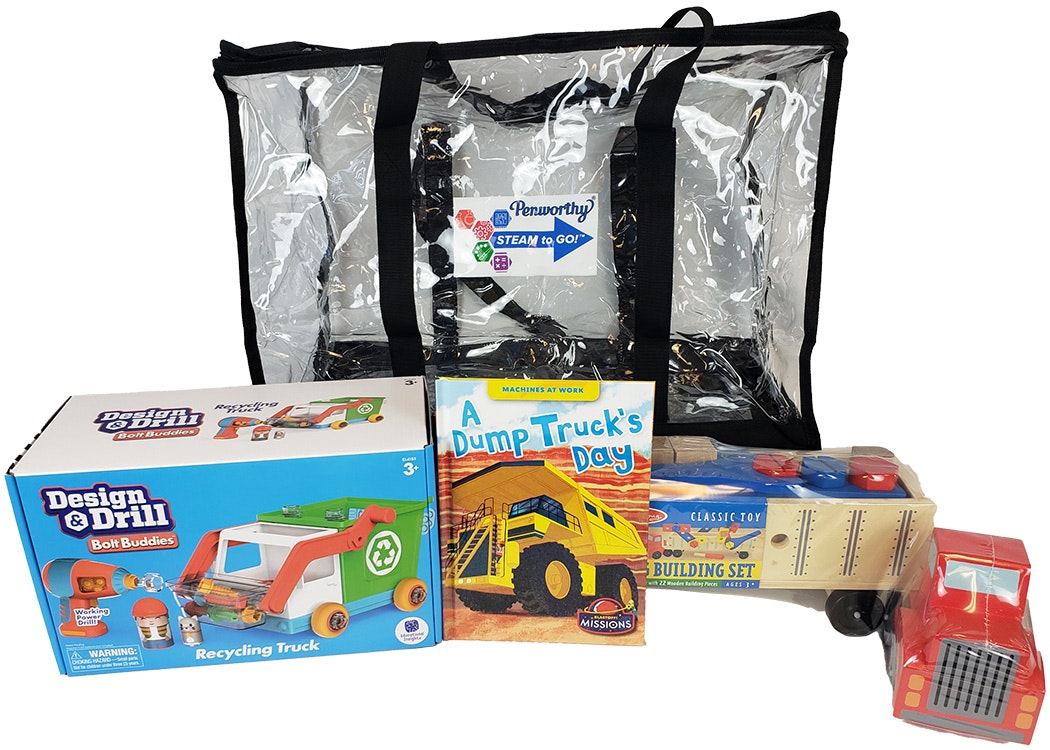 Toy set with a clear bag, Design & Drill truck, book "A Dump Truck's Day," building set, and toy truck.