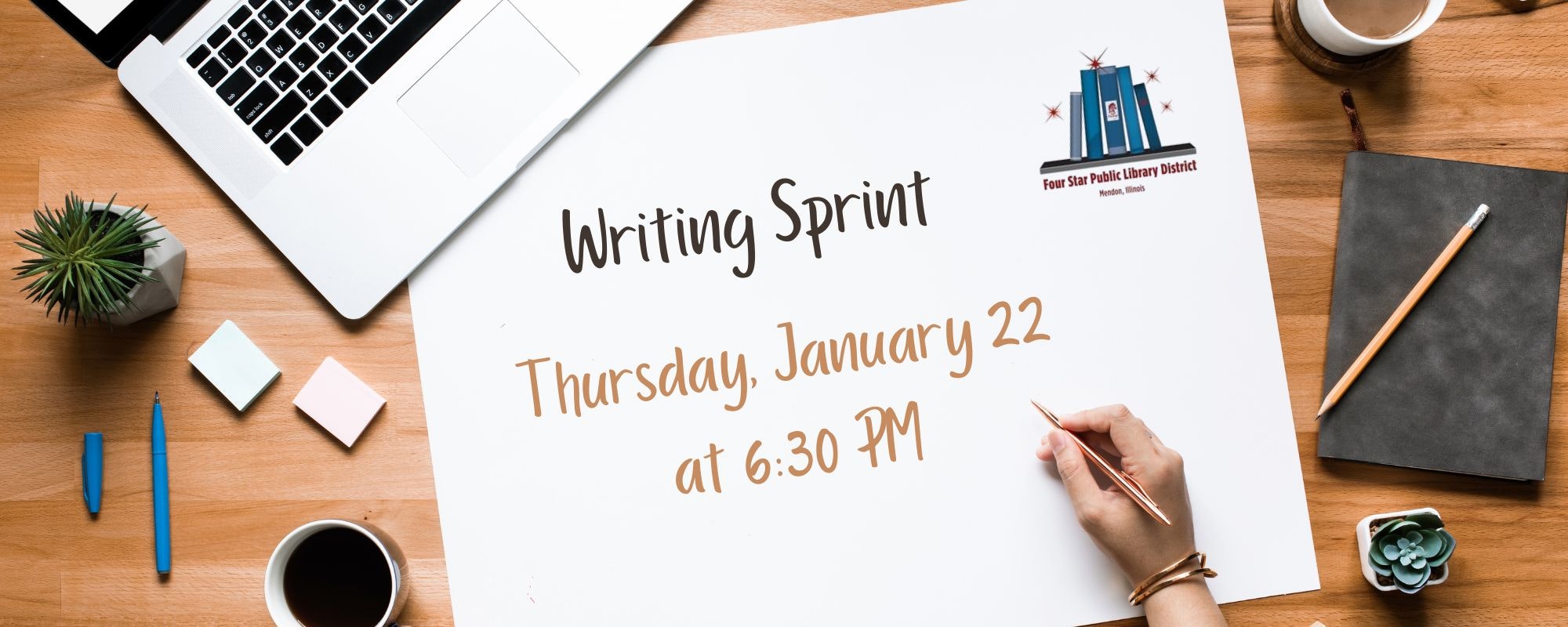 A workspace promoting a "Writing Sprint" event on January 22 at 6:30 PM, featuring a laptop, stationery, and coffee.