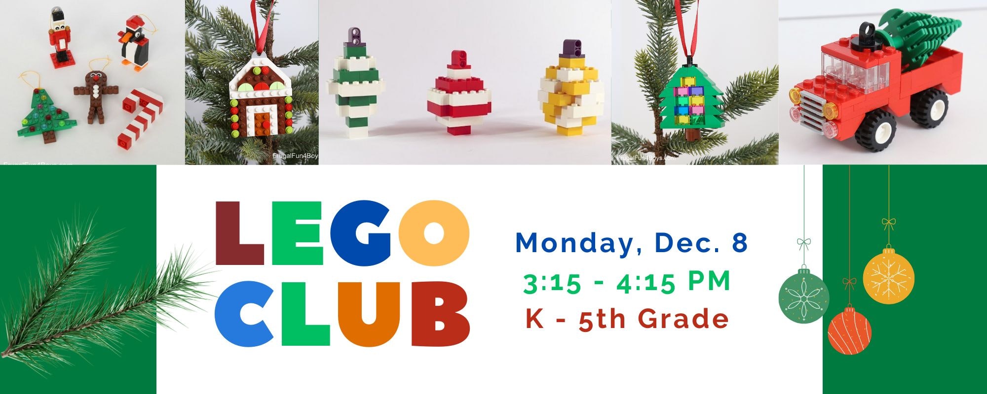 The image promotes a LEGO Club event for grades K-5 on December 8, featuring festive LEGO creations and activities.