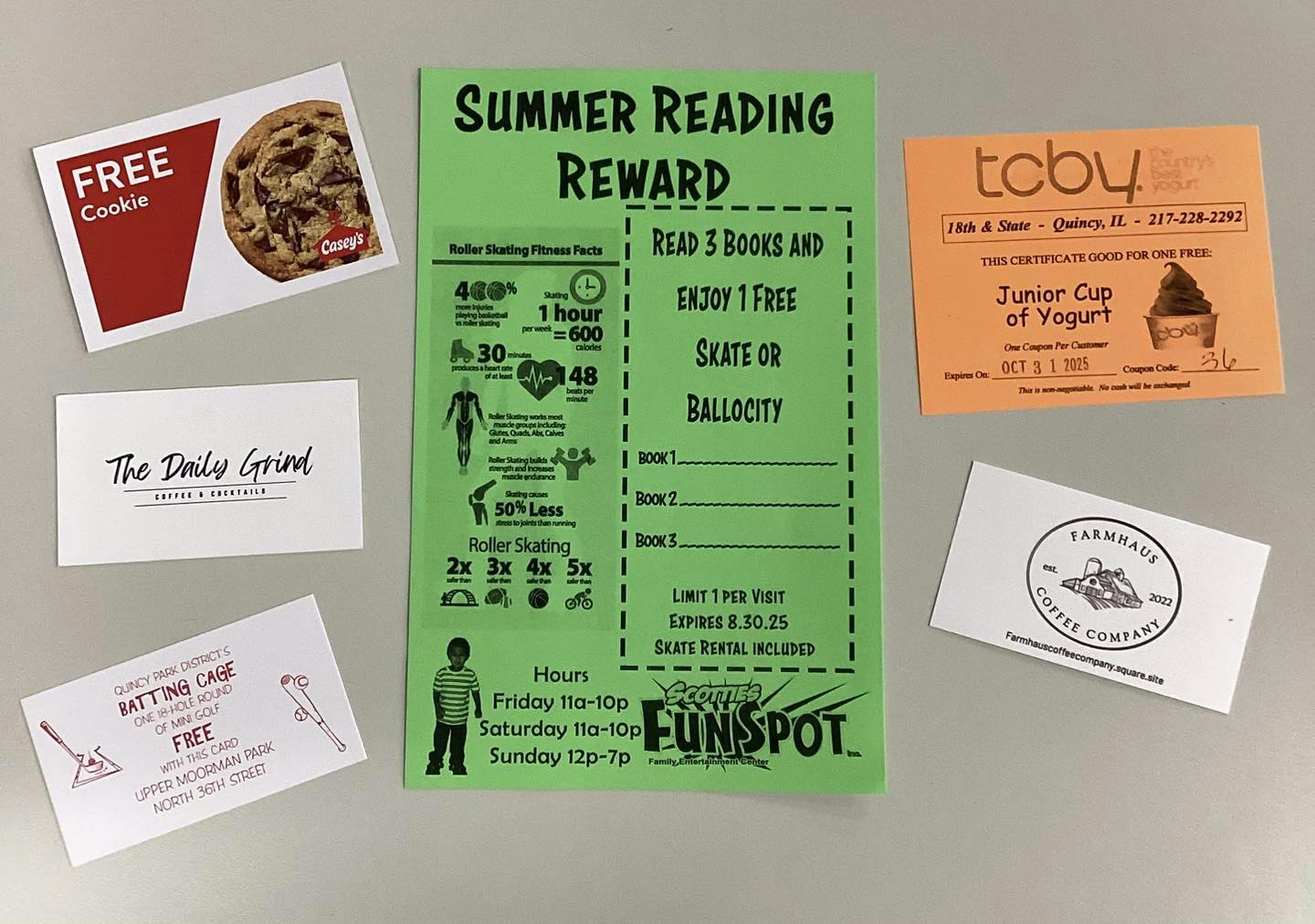 Summer reading reward flyer, free cookie coupon, Junior Yogurt Cup voucher, batting cage offer, and coffee company cards.