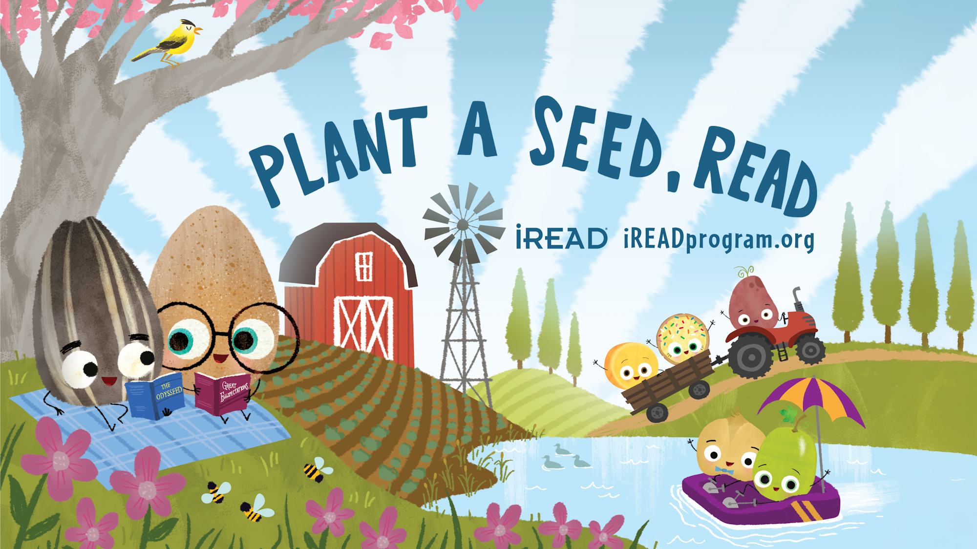 A colorful illustration promoting reading with the phrase "Plant a Seed, Read," featuring cheerful fruits and vegetables in a farm setting.