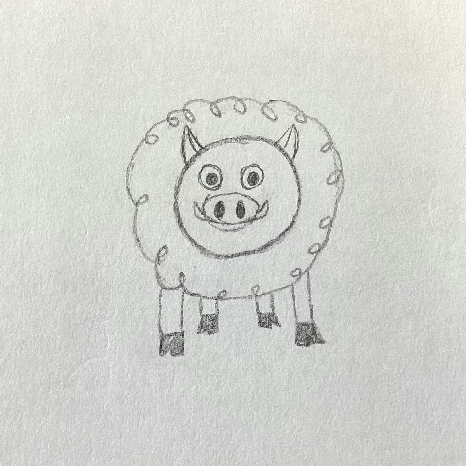 A pencil sketch of a whimsical creature with a sheep-like body and a face resembling a pig.