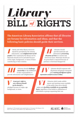 A poster of the Library Bill of Rights outlining principles for library services by the American Library Association.