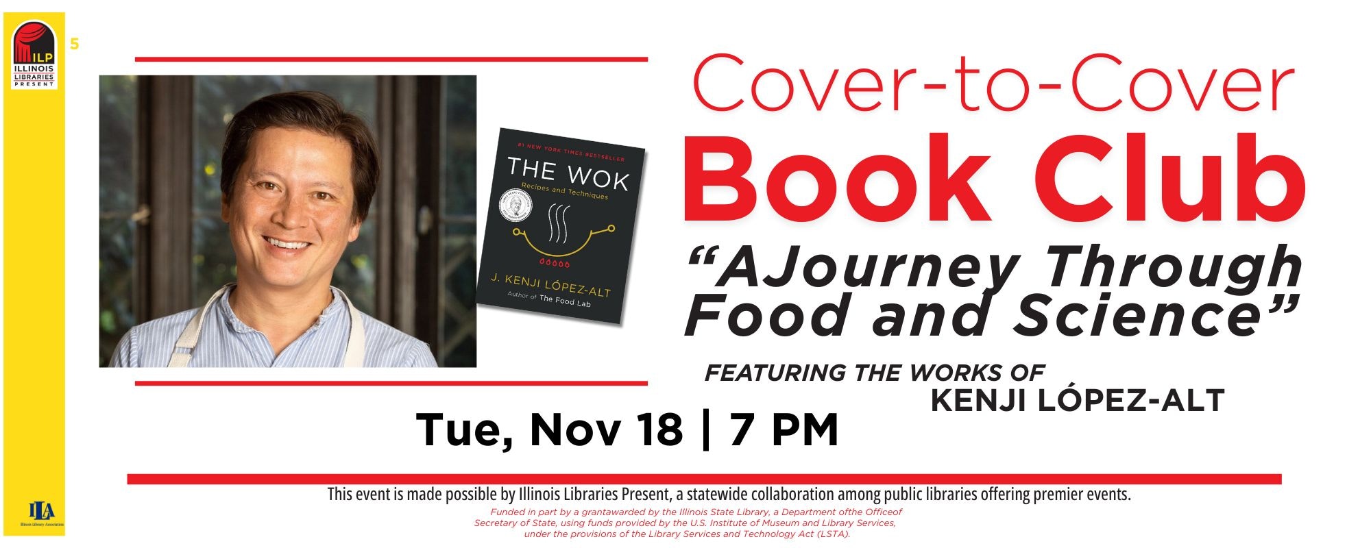 Event flyer for "Cover-to-Cover Book Club" with Kenji López-Alt, featuring "The Wok," on Tue, Nov 18 at 7 PM.