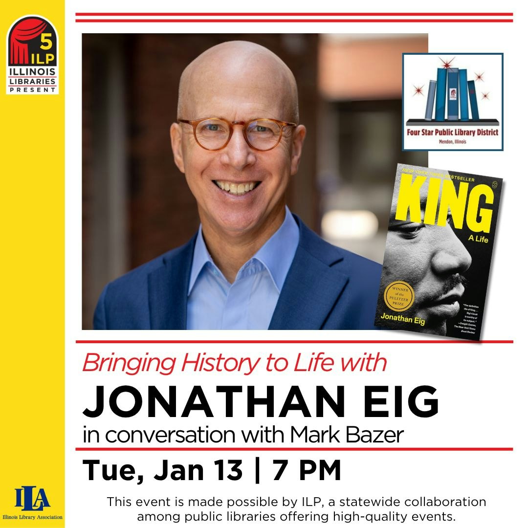 Promotional image for an event featuring Jonathan Eig discussing his book "King: A Life" with Mark Bazer on Jan 13 at 7 PM.