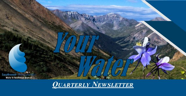 The image features a scenic mountain background, a flower, and the title "Your Water Quarterly Newsletter" from a water district.