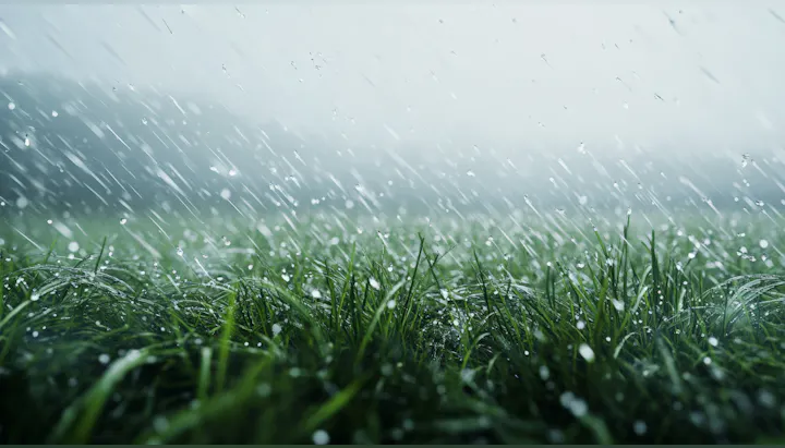 A close-up view of grass with raindrops falling, creating a serene, misty atmosphere.