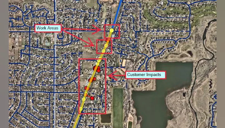 The image shows a map indicating work areas and customer impacts in a residential area, marked with arrows and color-coded points.