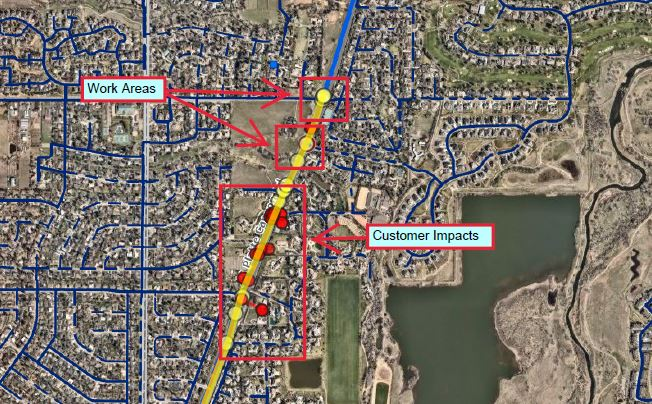 The image shows a map indicating work areas and customer impacts in a residential area, marked with arrows and color-coded points.