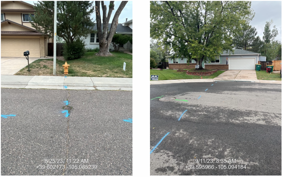 Two images showing residential areas with blue markings on the pavement and a fire hydrant, taken on different dates.