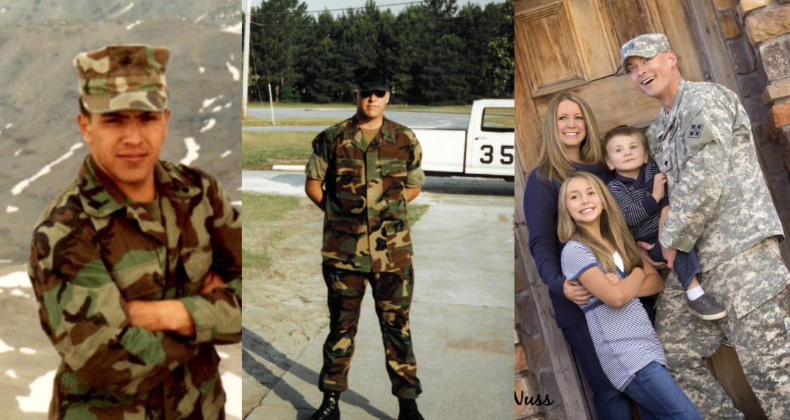 The image displays three photos of individuals in military attire and a family portrait with a soldier.