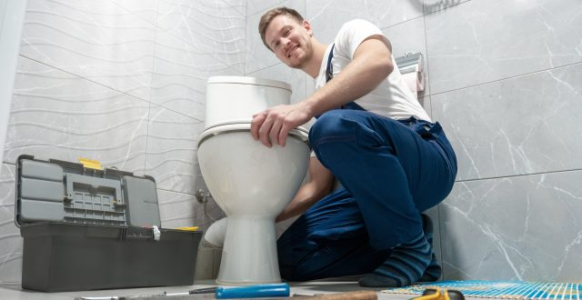 A smiling man in work overalls is fixing a toilet, surrounded by tools in a bathroom setting.