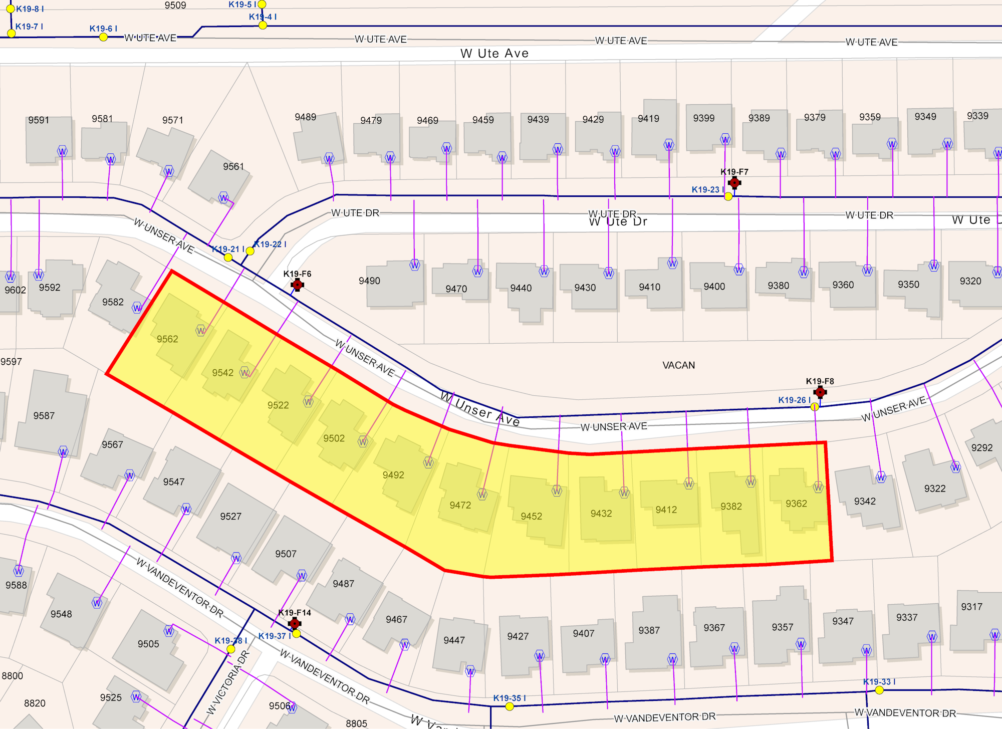 The image shows a map with highlighted sections indicating certain properties or areas along streets, including W Unser Ave and W Ute Ave.