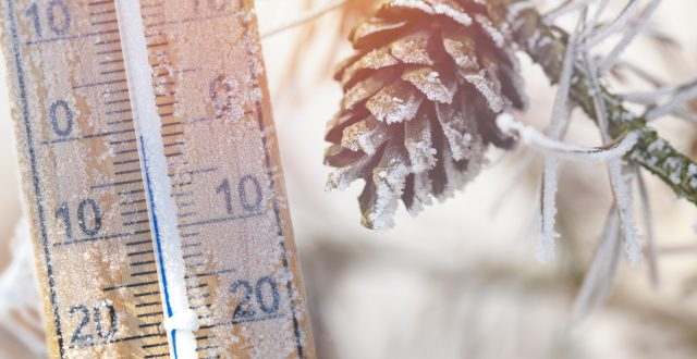 A frosty thermometer showing low temperatures next to an icy pine cone, indicating a cold winter scene.