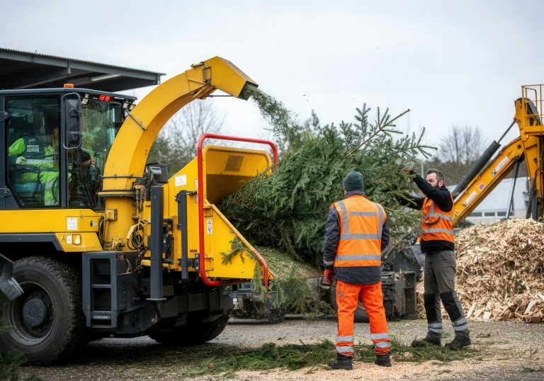 Workers are feeding tree branches into a wood chipper at a recycling site, wearing safety gear in a cloudy setting.