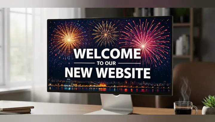 A computer monitor displays "WELCOME TO OUR NEW WEBSITE" with fireworks in the background, suggesting a celebratory launch.