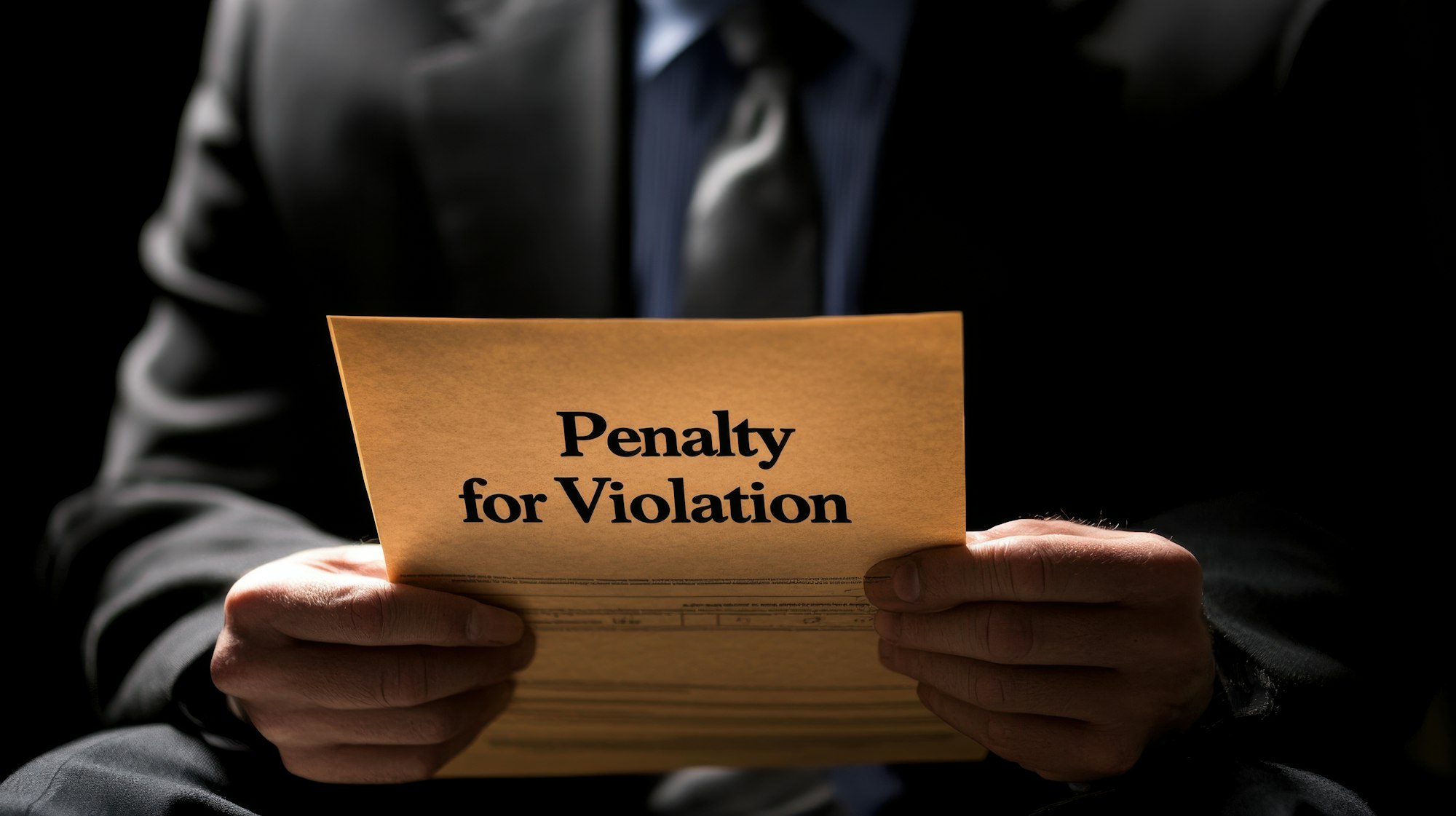 A person in a suit is holding a document that reads "Penalty for Violation," suggesting a formal notification of a penalty.