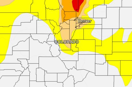 The image appears to be a weather or climate map showing different colored regions, with Denver marked, likely indicating conditions such as precipitation or temperature.