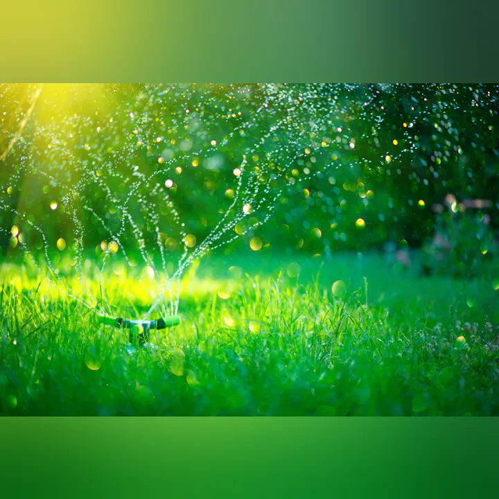 A vibrant garden scene with a sprinkler spraying water on lush green grass, shimmering droplets catching sunlight.