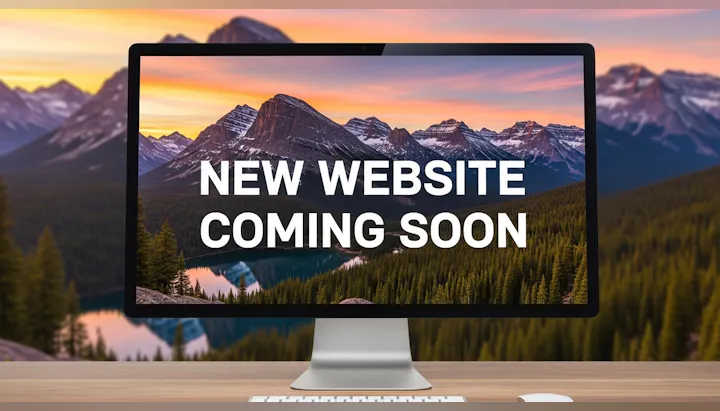 A computer monitor displaying a scenic mountain background with text stating "NEW WEBSITE COMING SOON."