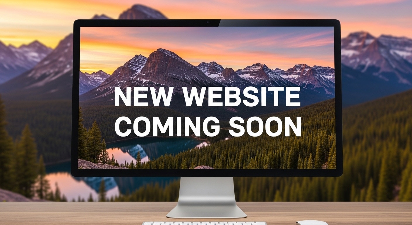 A computer monitor displaying a scenic mountain background with text stating "NEW WEBSITE COMING SOON."