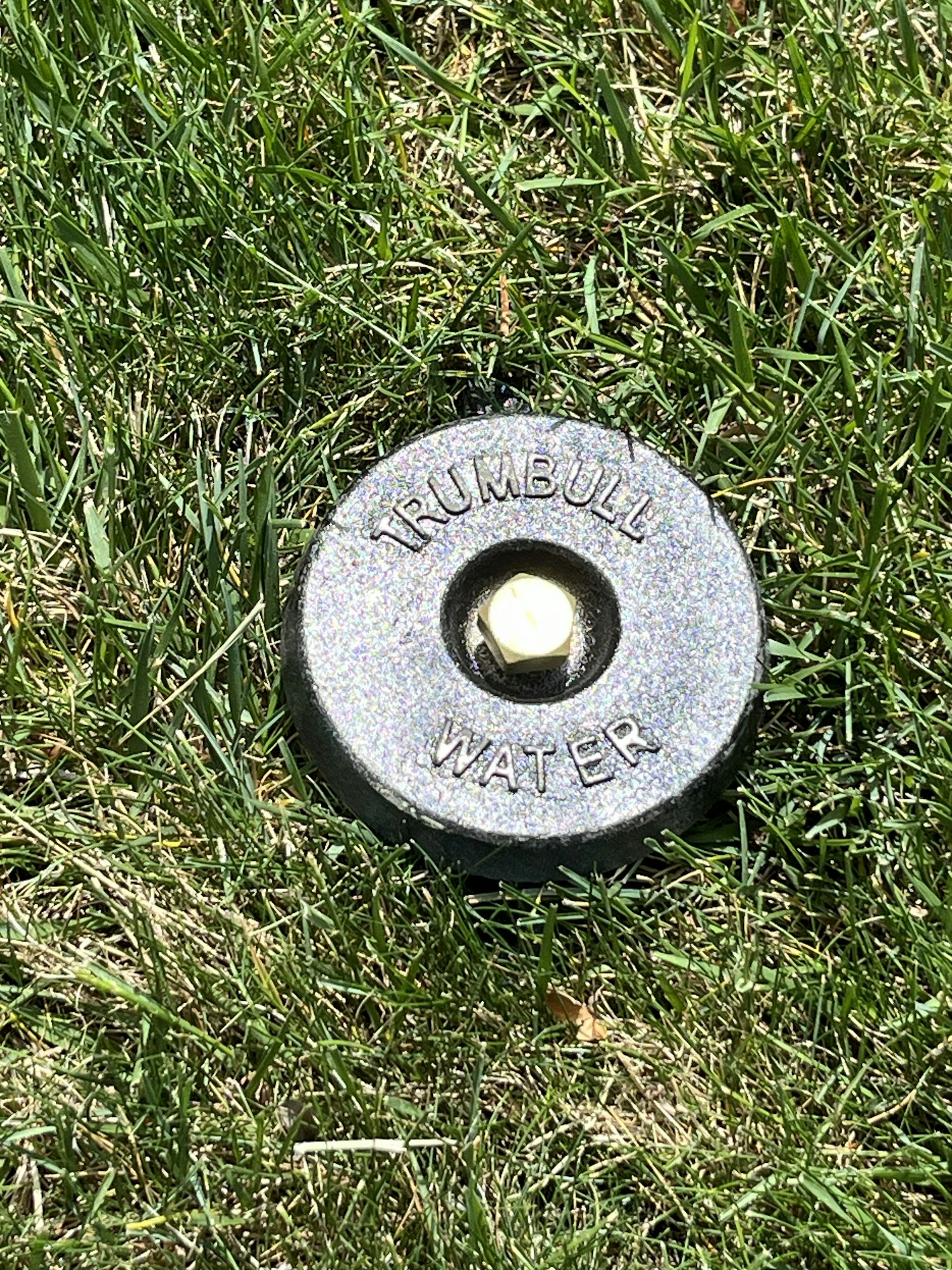 A round metal cap engraved with "TRUMBULL WATER" sits on grass, likely marking a water utility access point.