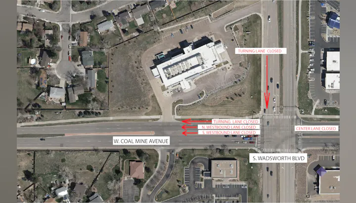 Aerial view of a street intersection showing multiple lane closures and traffic instructions on W. Coal Mine Ave and S. Wadsworth Blvd.