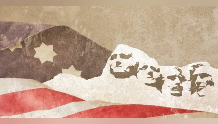 The image features an artistic representation of a U.S. flag blended with the Mount Rushmore sculpture.