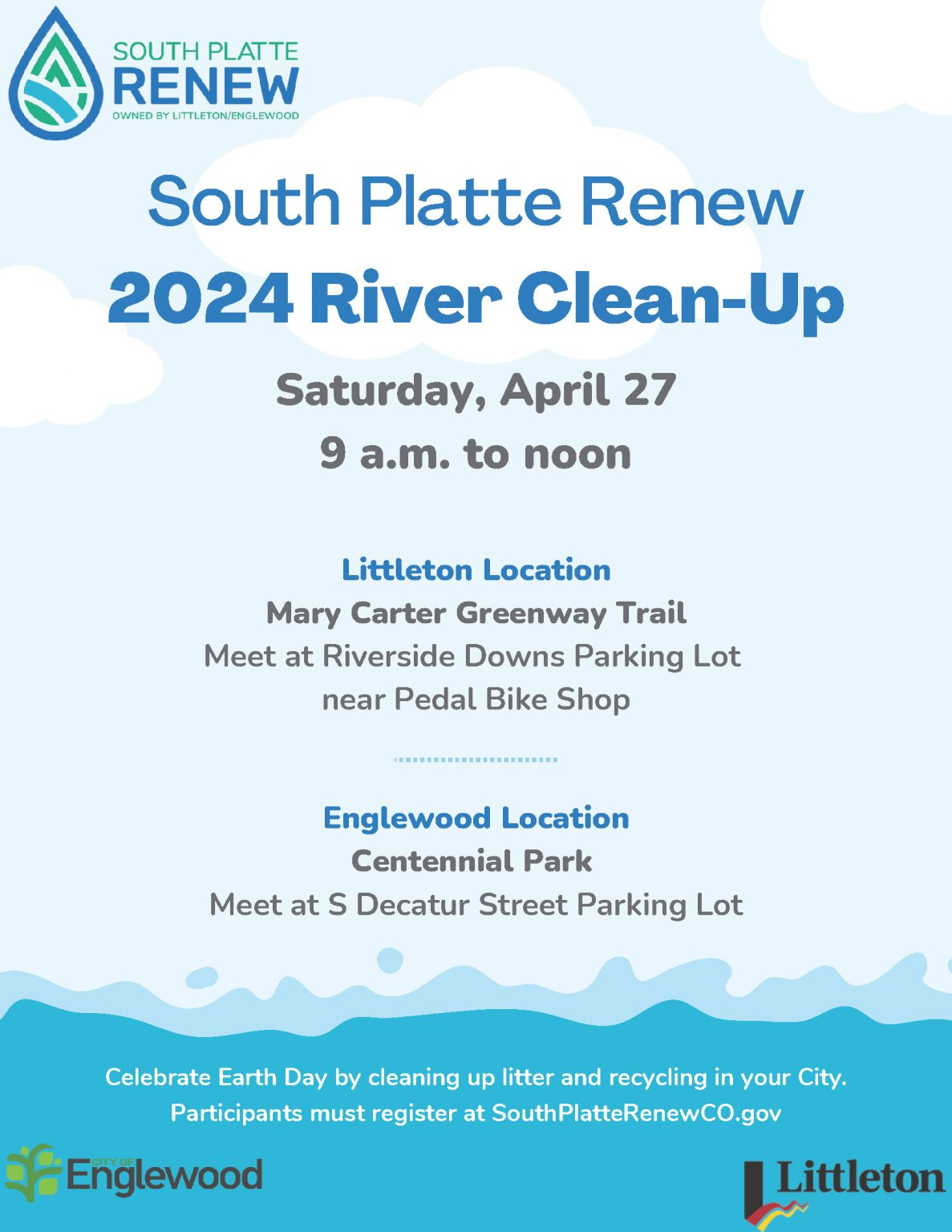 Join the South Platte Renew River Clean-Up on April 27, 9 a.m. to noon. Locations: Littleton & Englewood. Register online!