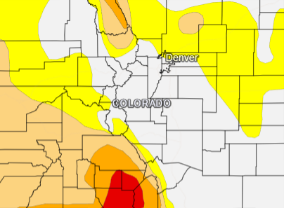 The image shows a weather map of Colorado, highlighting areas of varying conditions with colors representing different weather patterns.