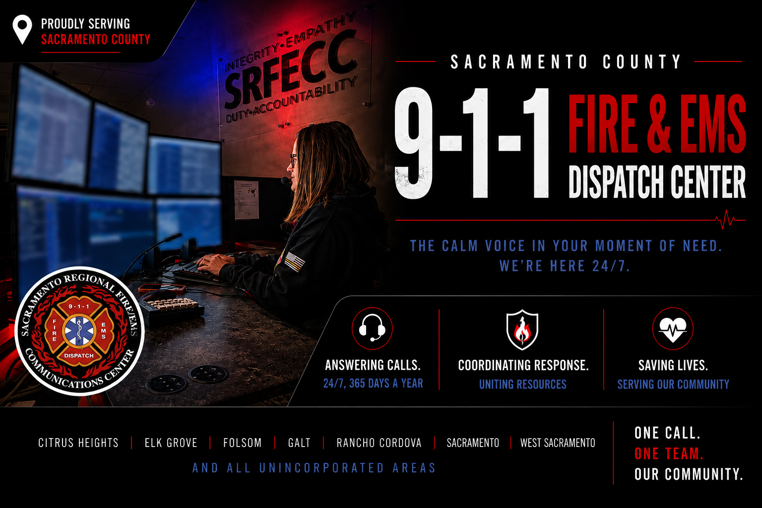 Image highlights Sacramento County's 9-1-1 Fire & EMS Dispatch Center, emphasizing 24/7 service and community support.