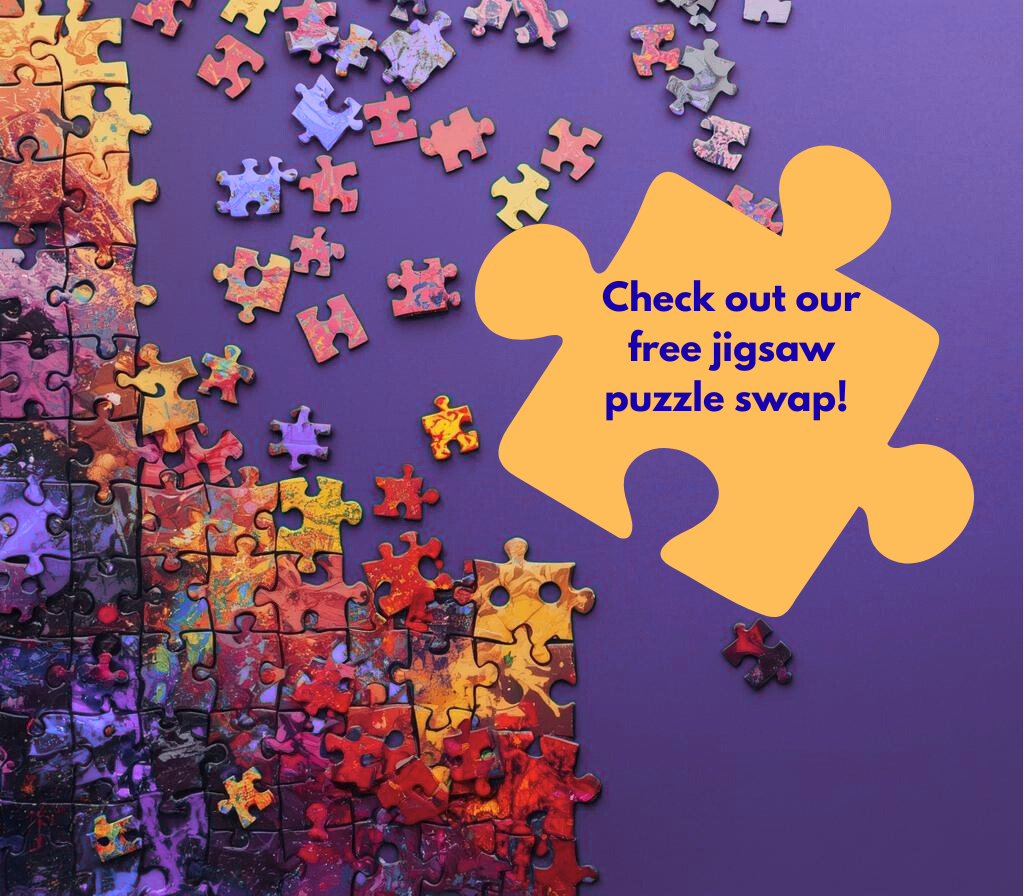 Colorful jigsaw puzzle pieces on a purple background with a yellow piece saying "Check out our free jigsaw puzzle swap!"