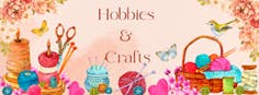Craft supplies, yarn balls, knitting needles, scissors, and nature-themed elements, with "Hobbies & Crafts" text.