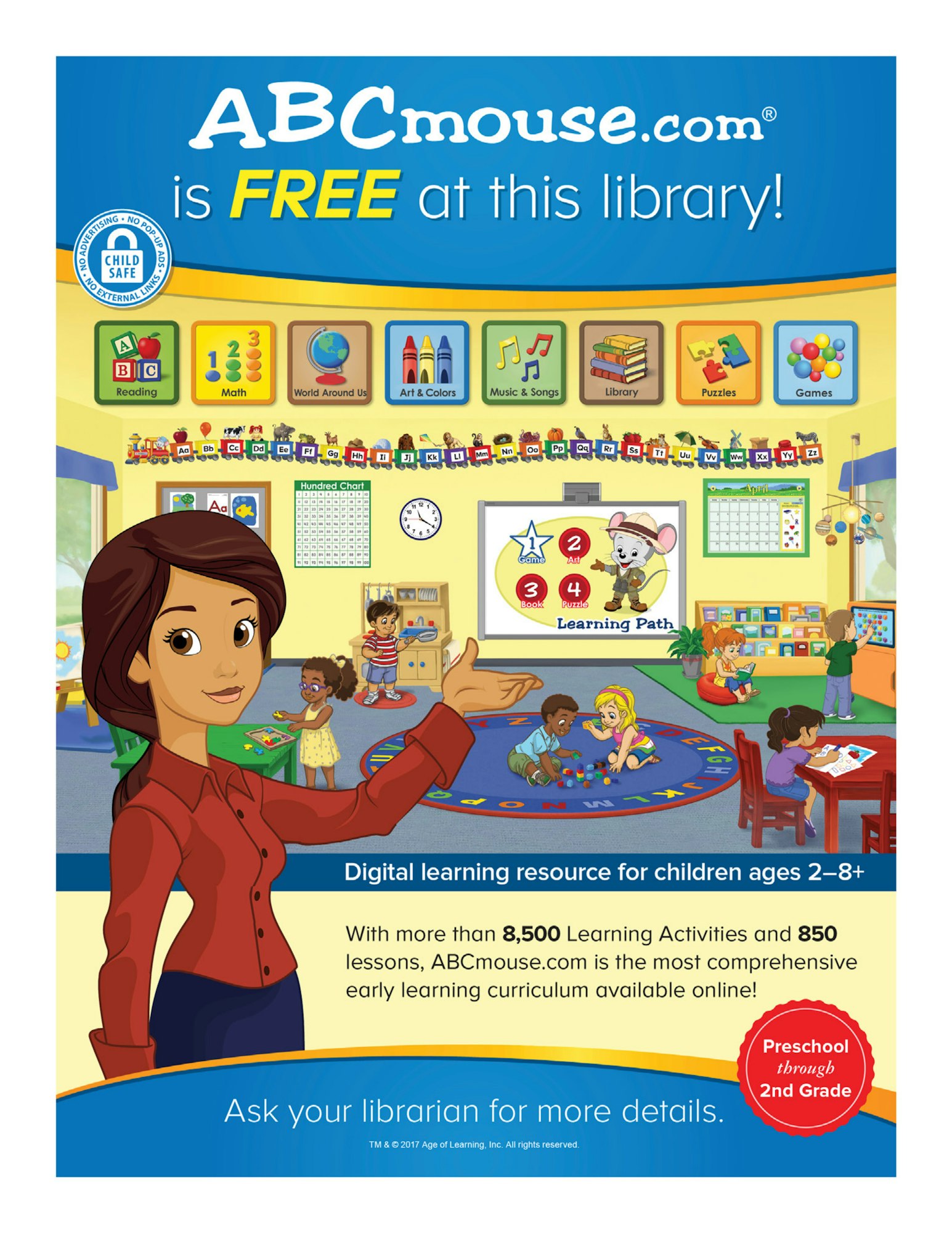 The image promotes ABCmouse.com as a free digital learning resource for children ages 2-8, available at the library.
