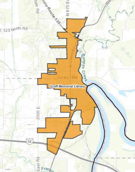 Map highlighting Grayville in orange, showing roads, Groff Memorial Library, and surrounding areas.