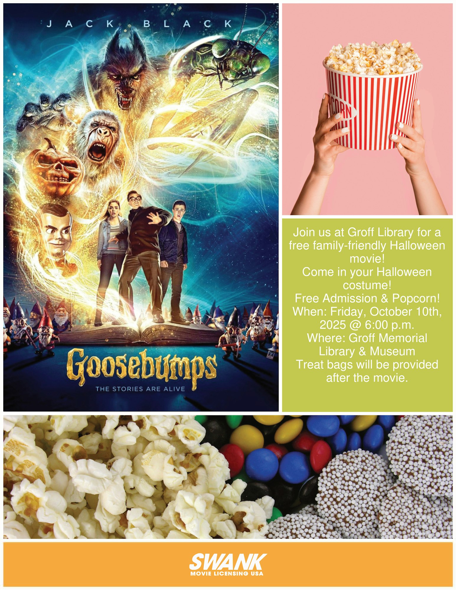 "Goosebumps" movie night at Groff Library, Oct 10, 2025, 6 PM. Free admission & popcorn, costumes welcome, treat bags after movie.