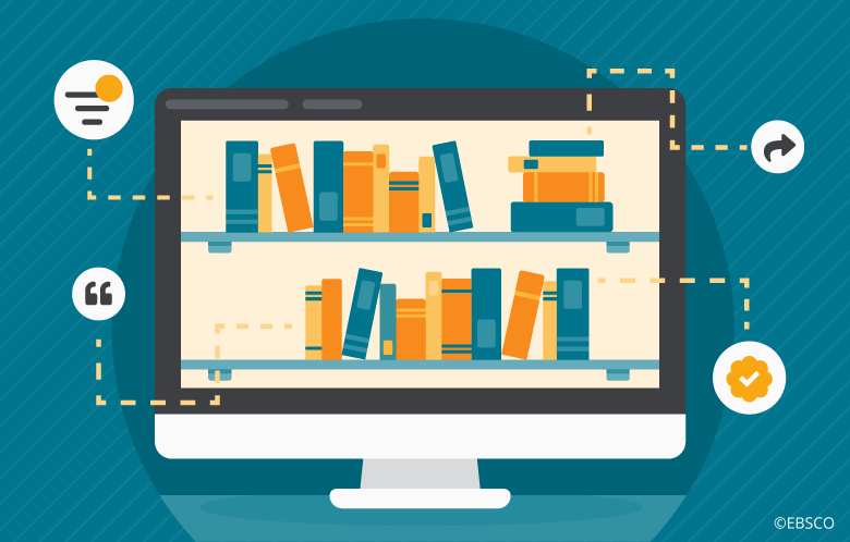 A computer screen displaying shelves filled with books, surrounded by icons for chat, quotation, sharing, and verification.