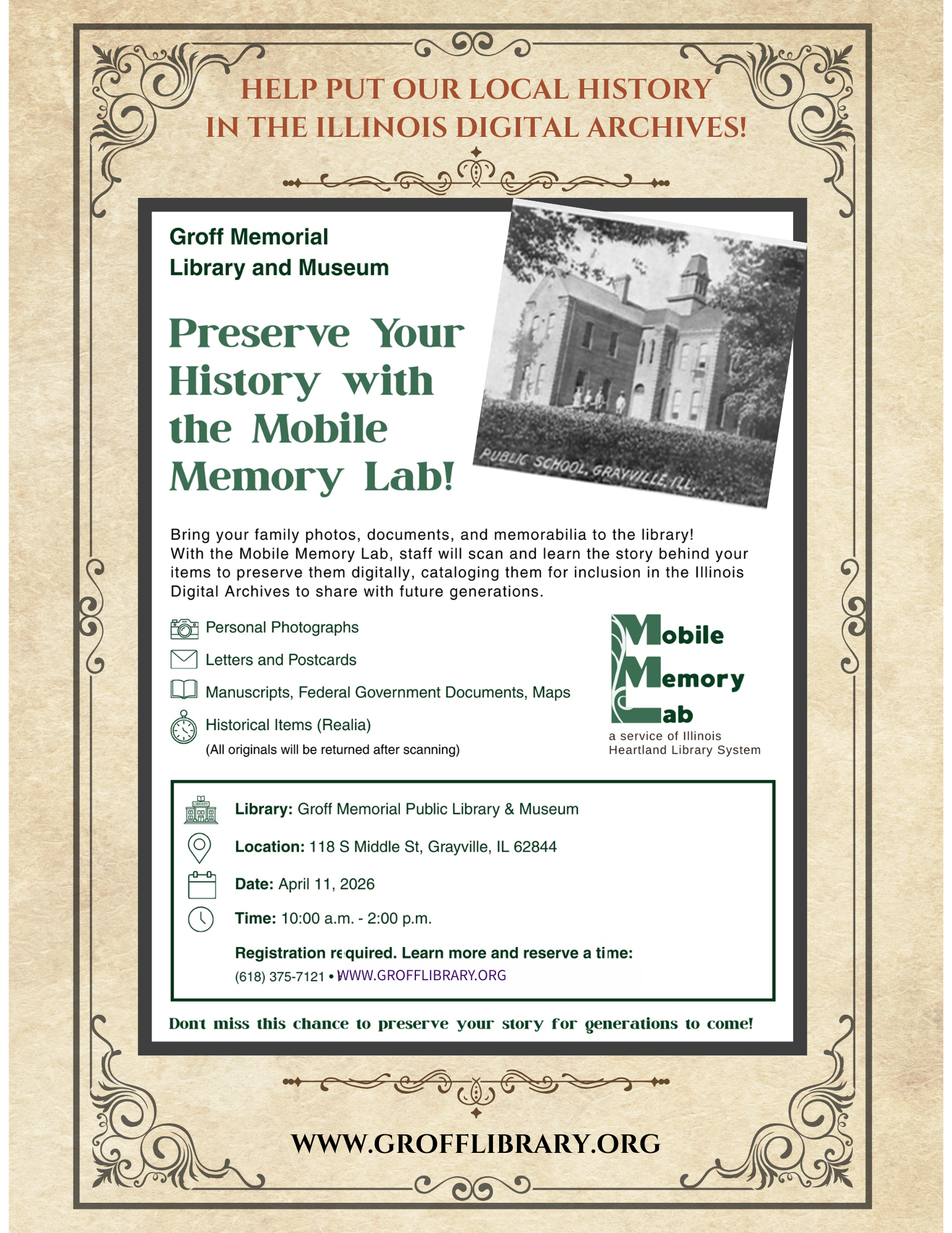Event at Groff Memorial Library for preserving local history. Bring items for digital archiving on April 11, 2026, 10 am - 2 pm.