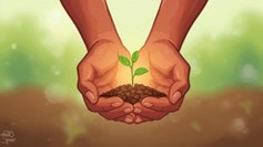 Hands holding soil with a small green plant sprouting, symbolizing growth and nurturing.