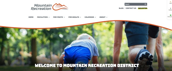 The image shows a website header for Mountain Recreation, highlighting facilities and activities for various age groups.