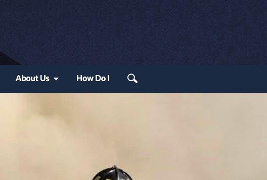A dark blue navigation bar with "About Us" and "How Do I" options, and part of a helmet below.