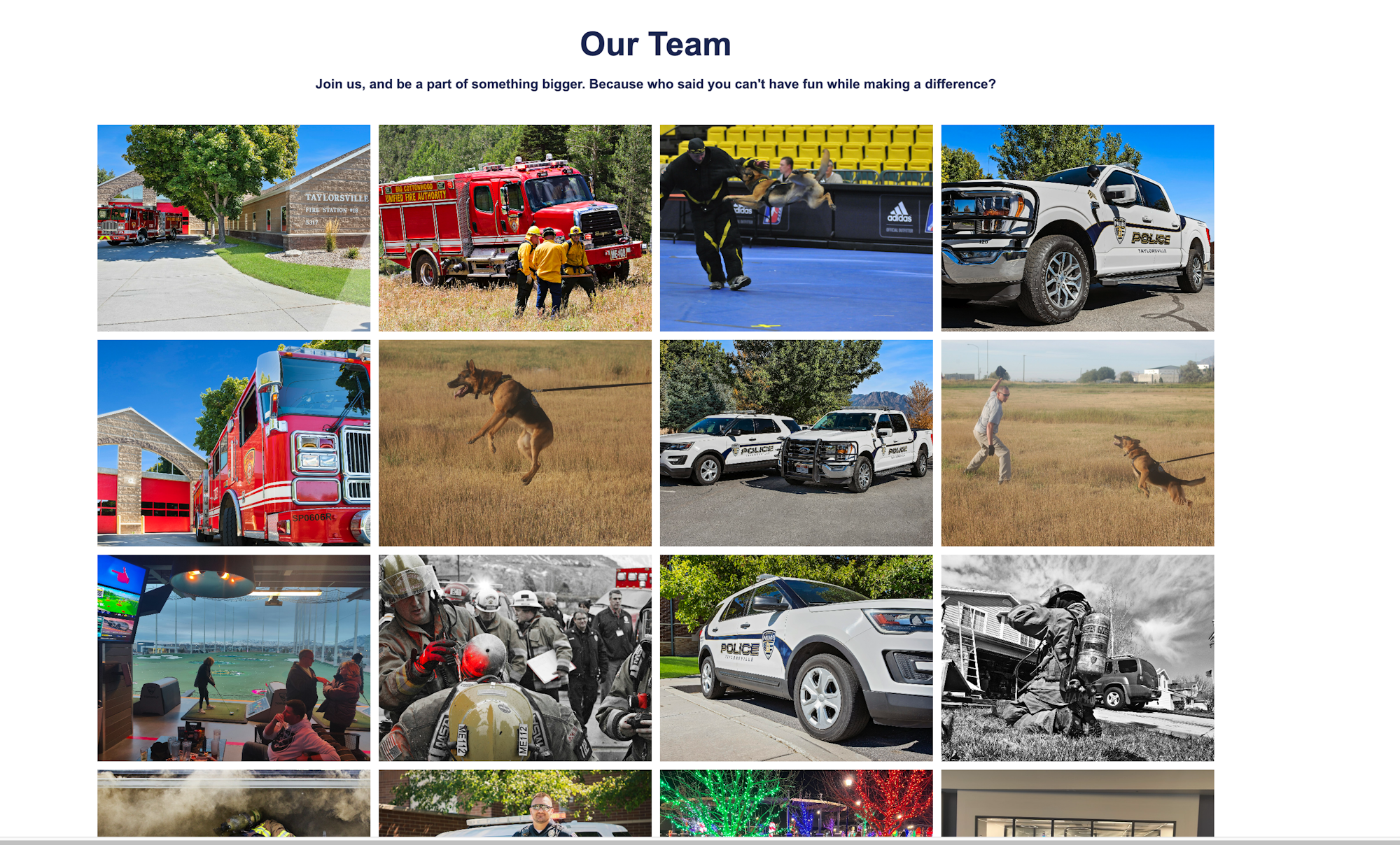 Collage of fire trucks, police vehicles, working dogs, and team activities.